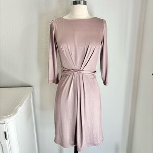 Tahari Nude Shimmer Fitted Boatneck 3/4 Sleeve Twist Waist Cocktail Dress, 2P